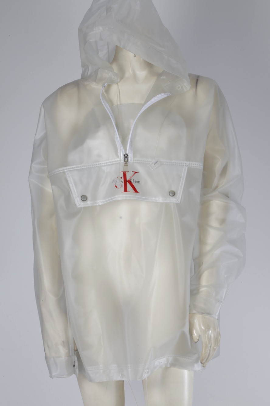 Vintage CALVIN KLEIN Clear Frosted PVC Vinyl Hooded Rain Anorak Pullover Jacket
